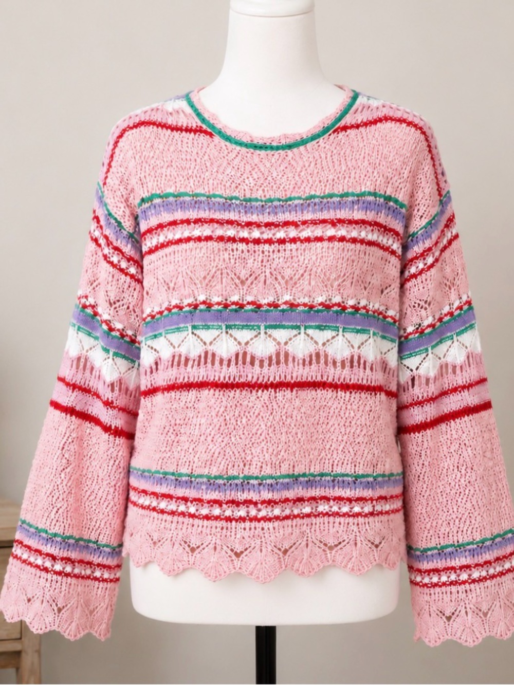 🌸 POL Crochet Knit Sweater Top – Pink Multi Stripe Boho Cottagecore